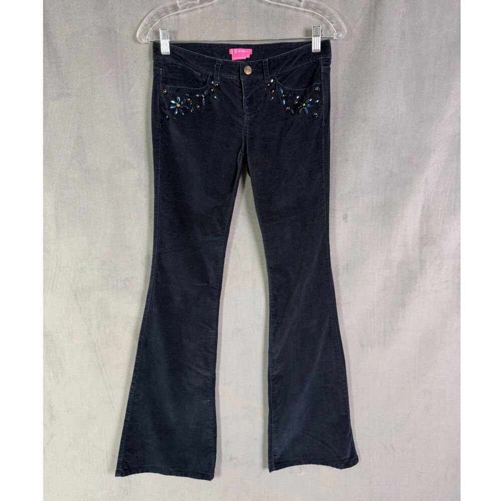 BCBGirls Y2K Stretch Velvet Flare Jeans Navy Low Rise Embellished Size 0
